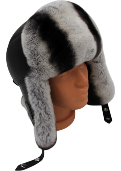 Gerçek Deri Tavşan Kürklü Ushanka Pilot Şapka Ayarlanabilir Tokalı Kışlık Outdoor Şapka Rex Model