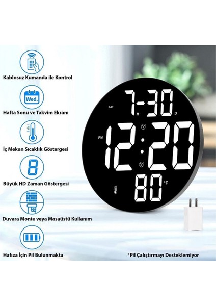 Dijital Modern 12 inç Elektronik LED Duvar Masa Saati Sıcaklık Nem Alarm