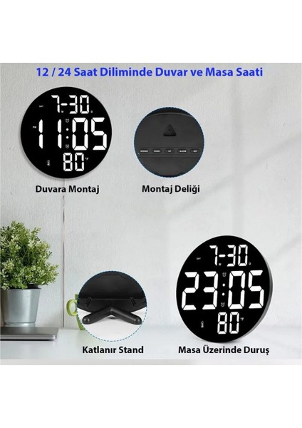 Dijital Modern 12 inç Elektronik LED Duvar Masa Saati Sıcaklık Nem Alarm