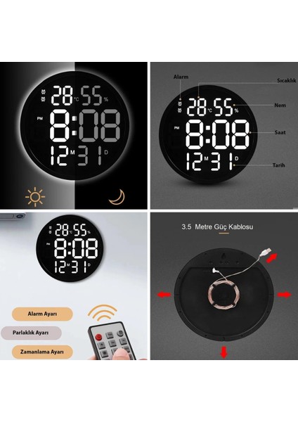 Dijital Modern 12 inç Elektronik LED Duvar Masa Saati Sıcaklık Nem Alarm