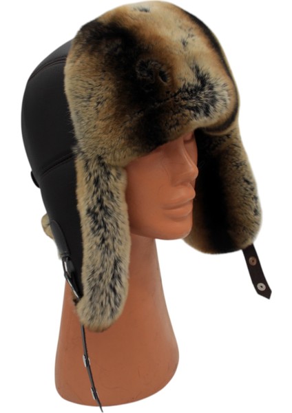 Gerçek Tavşan Kürklü Ushanka Deri Pilot Şapka Ayarlanabilir Tokalı Kışlık Outdoor Şapka Rex Model