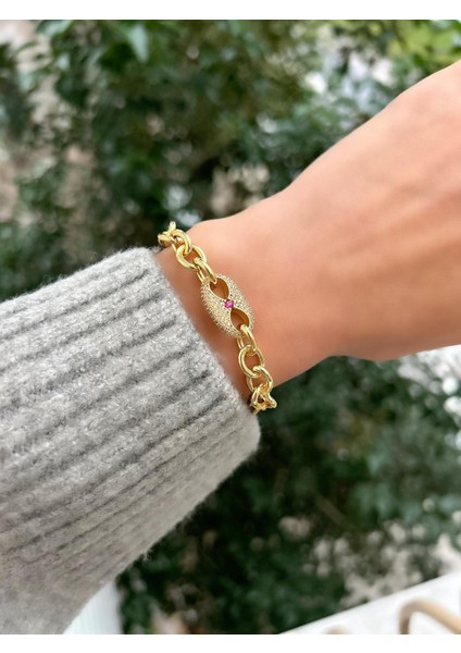 Gold Midye Fuşya Taş Marka Model Bileklik