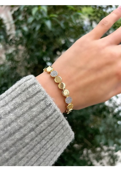 Gold Taşlı Altıgen Marka Model Bileklik