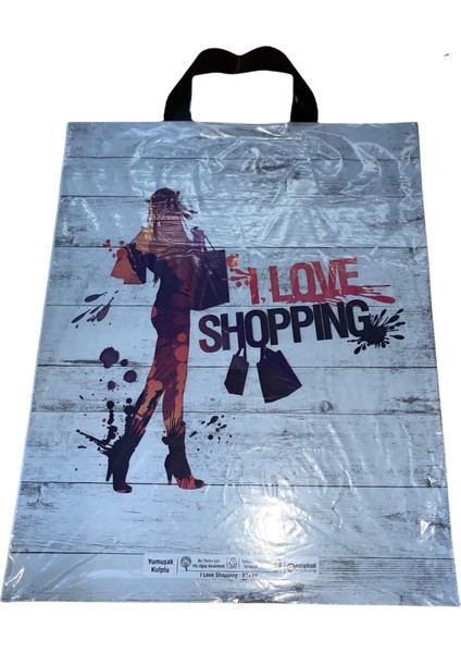No:3 (32*40)I Love Shopping Desenli Yumuşak Kulplu Poşet 50 Adet