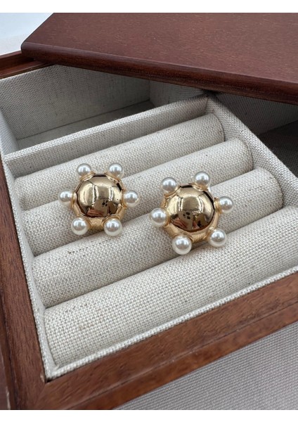 Gold Mini Inci Detaylı Topçuk Vintage Küpe
