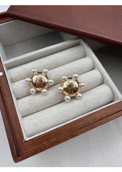 Gold Mini Inci Detaylı Topçuk Vintage Küpe