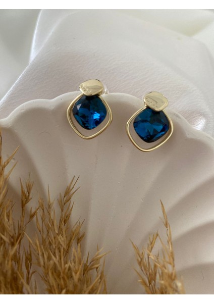 Lacivert Taş Detaylı Gümüş Küpe