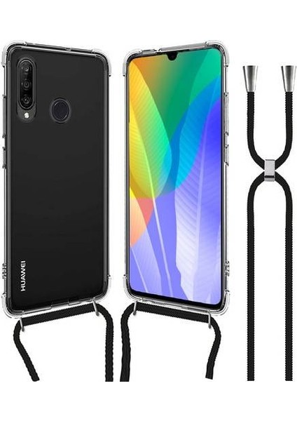 Huawei Y6P Boyun Askılı Şeffaf Tank Kılıf Siyah