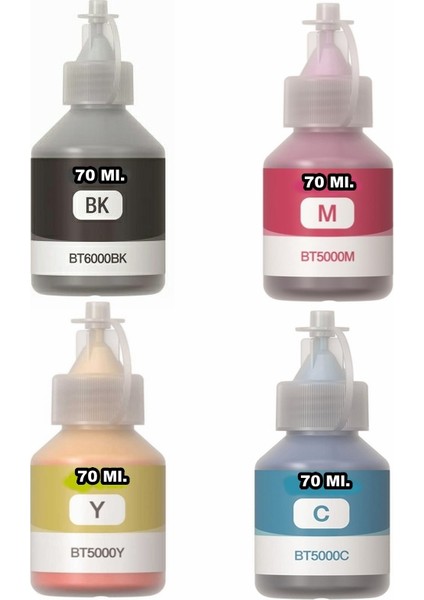 Brother BT-5000 DCP-T820DW 4 Renk Muadil Mürekkep Seti - Siyah 70 Ml- Renkliler 70 ml