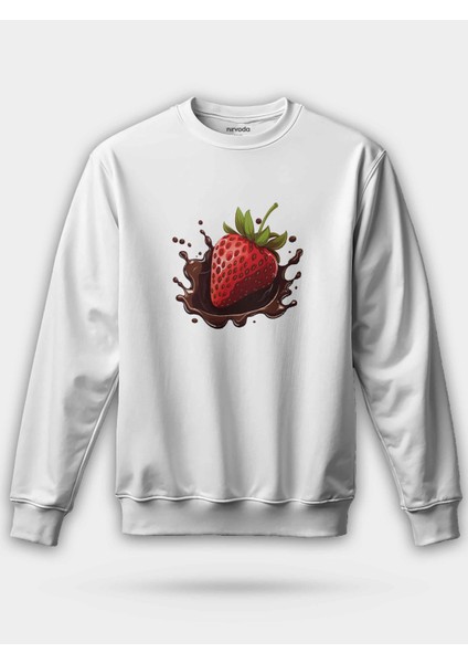 Çikolatalı Çilek Baskılı Bisiklet Yaka Oversize Sweatshirt