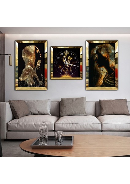 Altın Kız Aynalı Gold Pleksi Çerçeveli Mdf Tablo Ve Saat Seti