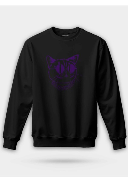 Cool Mor Kedi Baskılı Bisiklet Yaka Oversize Sweatshirt
