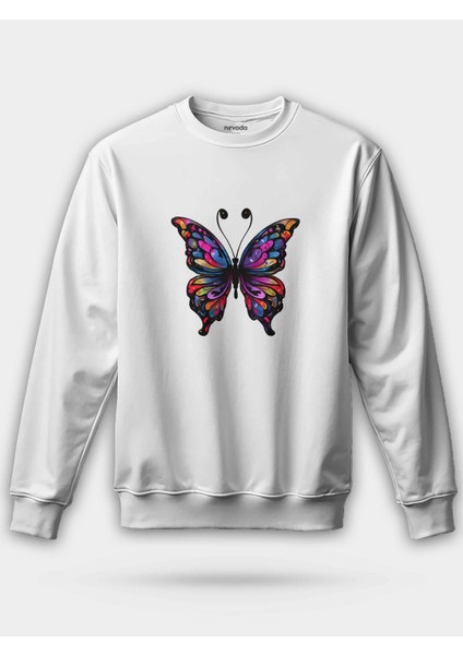 Colorful Kelebek Baskılı Bisiklet Yaka Oversize Sweatshirt