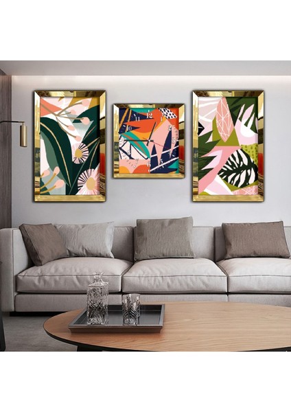 Renkli Aynalı Gümüş Pleksi Çerçeveli Mdf Tablo Ve Saat Seti