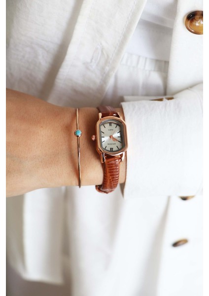 Kahverengi Kadın Dikdörtgen Deri Kordon Rose Gold Yeni Sezon Vintage Kol Saati modelleri