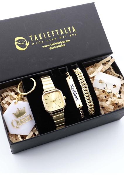 Kişiye Özel Gold Kadın Saat, Özel Motto Anahtarlık, Bileklik ve Küpe Seti