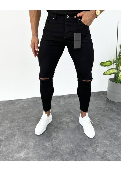 Erkek Slim Fit Full Likralı Yırtık ve Taşlama Desenli Siyah Kot Pantolon