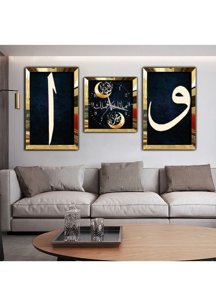 Elif Vav Dini Aynalı Gold Pleksi Çerçeveli Mdf Tablo Ve Saat Seti