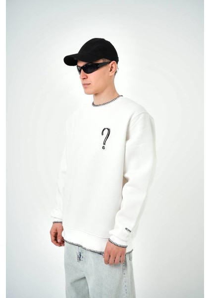 Erkek Soru Işareti Unknown Baskılı Bisiklet Yaka Oversize Sweatshirt