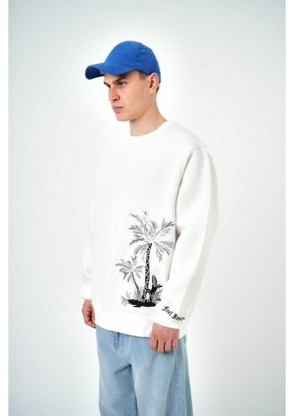 Erkek Palmiye Desenli Baskılı Bisiklet Yaka Oversize Sweatshirt