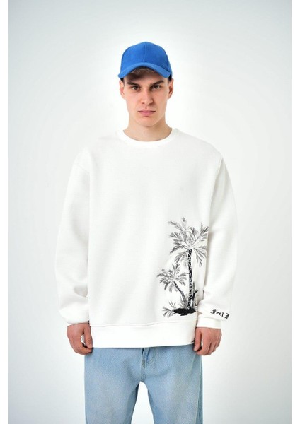 Erkek Palmiye Desenli Baskılı Bisiklet Yaka Oversize Sweatshirt fiyatları