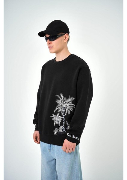 Erkek Palmiye Desenli Baskılı Bisiklet Yaka Oversize Sweatshirt