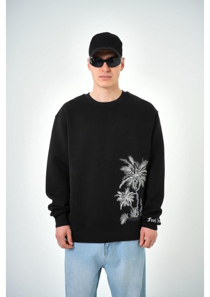 Erkek Palmiye Desenli Baskılı Bisiklet Yaka Oversize Sweatshirt fiyatları