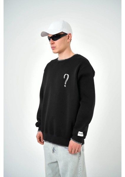 Erkek Soru Işareti Unknown Baskılı Bisiklet Yaka Oversize Sweatshirt