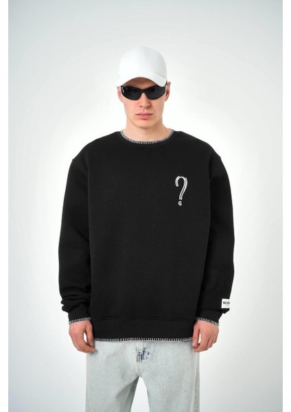 Erkek Soru Işareti Unknown Baskılı Bisiklet Yaka Oversize Sweatshirt