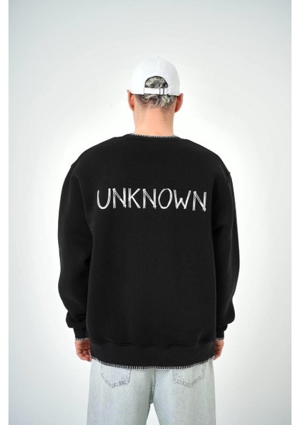 Erkek Soru Işareti Unknown Baskılı Bisiklet Yaka Oversize Sweatshirt