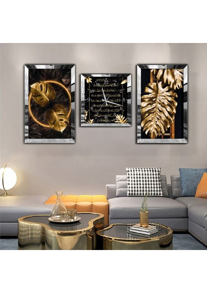 Dini Aynalı Gold Pleksi Çerçeveli Mdf Tablo Ve Saat Seti