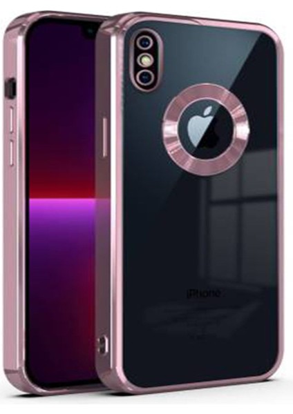 iPhone x / Xs Kılıf Logo Yeri Açık Kamera Lens Korumalı Renkli Kenarlı Şeffaf Silikon