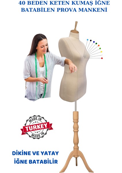 Yüksek Kalite 40 Beden Keten Kumaş Iğne Batabilen Prova Mankeni Terzi Mankeni