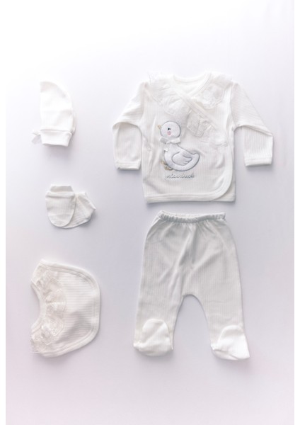 Kız Bebek 5 Parça Pamuk Ördek Desenli Dantelli Beyaz Hastane Çıkışı
