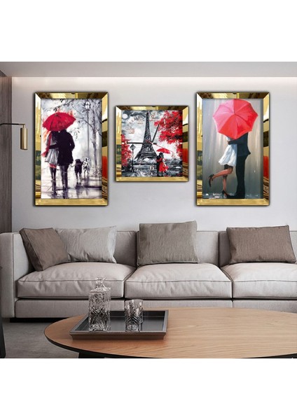 Paris Aşıkları Aynalı Gümüş Pleksi Çerçeveli Mdf Tablo Ve Saat Seti