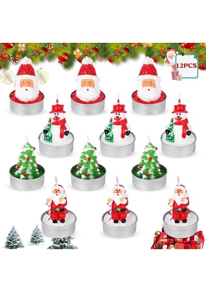 Vıp Delu x e 12 Adetgerçek Yılbaşı Mumu Noel Tealight Mum Noel Baba Kardan Adam Çam Ağacı Full Set