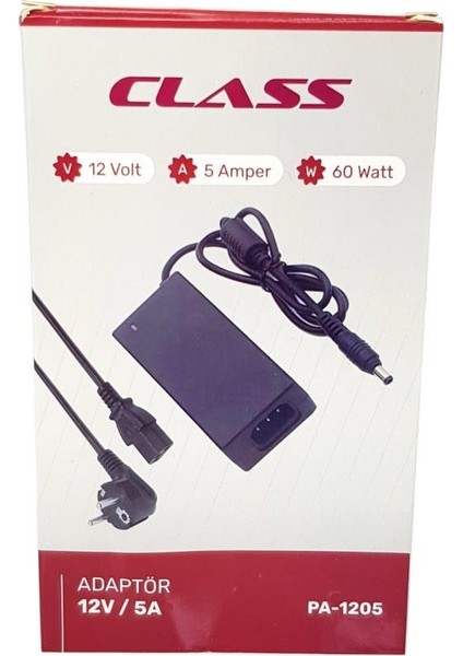 12 Volt 5 Amper 60 Watt Plastik Kasa Adaptör 5.5 x 2.5 mm Jack Fişli