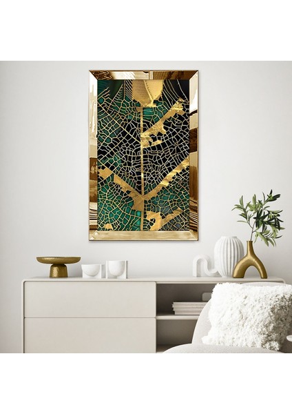 Gold Aynalı Pleksi Çerçeveli Minimalist Siyah Altın Sarısı Yaprak Desenli Soyut Çizim Tablo