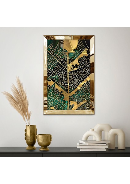 Gold Aynalı Pleksi Çerçeveli Minimalist Siyah Altın Sarısı Yaprak Desenli Soyut Çizim Tablo fiyatları