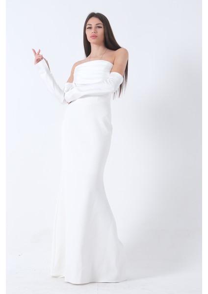 Beyaz Drapeli Düğme Detaylı Uzun Abiye 9705361.15 fiyatları