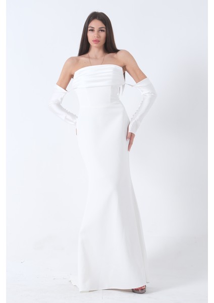 Beyaz Drapeli Düğme Detaylı Uzun Abiye 9705361.15 modelleri