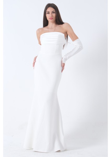 Beyaz Drapeli Düğme Detaylı Uzun Abiye 9705361.15 fırsatları
