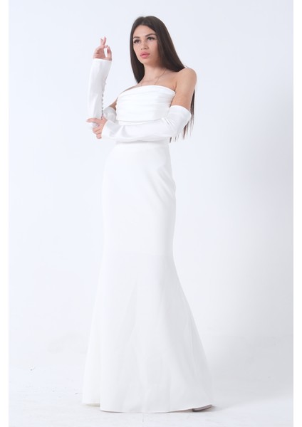 Beyaz Drapeli Düğme Detaylı Uzun Abiye 9705361.15 indirimleri