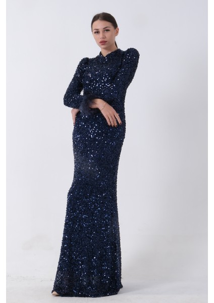 Lacivert Pul Payetli ve Tüy Detaylı Tesettür Abiye 6502490.02