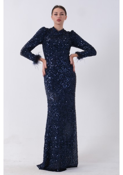 Lacivert Pul Payetli ve Tüy Detaylı Tesettür Abiye 6502490.02 fiyatları