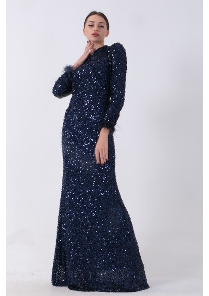 Lacivert Pul Payetli ve Tüy Detaylı Tesettür Abiye 6502490.02 modelleri