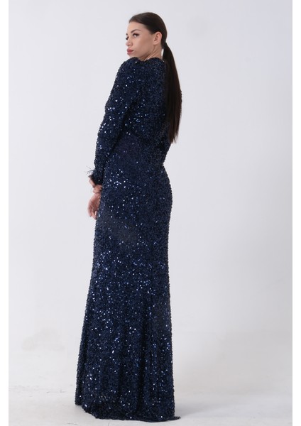 Lacivert Pul Payetli ve Tüy Detaylı Tesettür Abiye 6502490.02 indirimleri