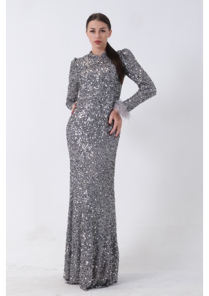 Gri Pul Payetli ve Tüy Detaylı Tesettür Abiye 6502490.06