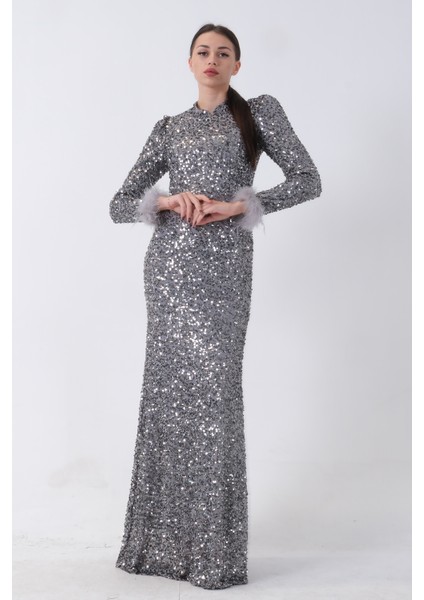 Gri Pul Payetli ve Tüy Detaylı Tesettür Abiye 6502490.06 fiyatları