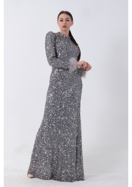 Gri Pul Payetli ve Tüy Detaylı Tesettür Abiye 6502490.06 modelleri